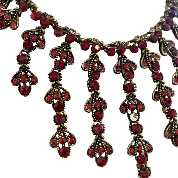 Elaborate Ruby Red Drippy Choker Necklace and Matching Earrings, 16 inches - Picture 4 of 6